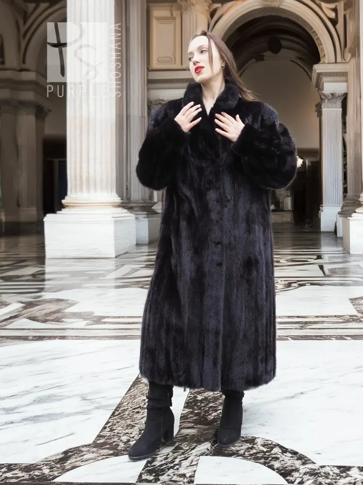 Black mink coat with thick fur collar and hood, front view