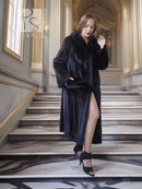 Black mink coat with open front and oversized collar, slit hem detail