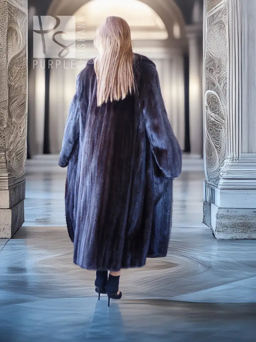 Black mink coat, front and back with long mid-calf fur and full sleeves; no hood.