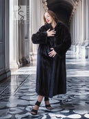 Black mink coat, long mid-calf length with plush fur texture and wide neckline.