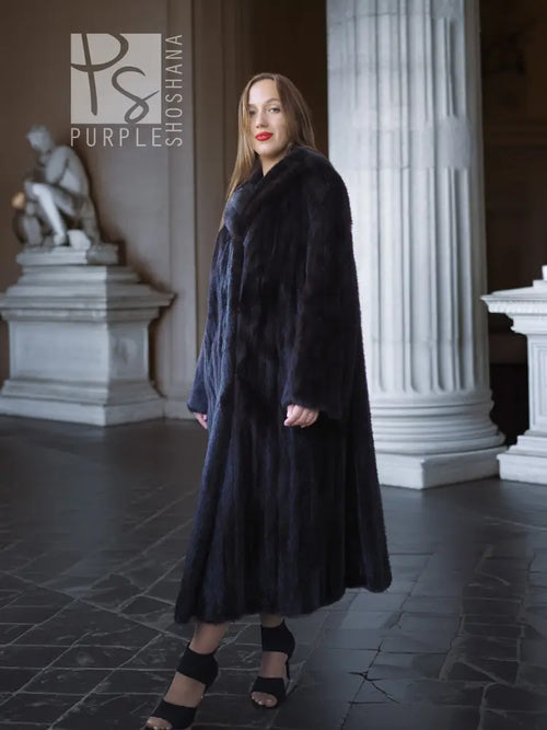Black mink coat, long swing silhouette with standing collar and button front