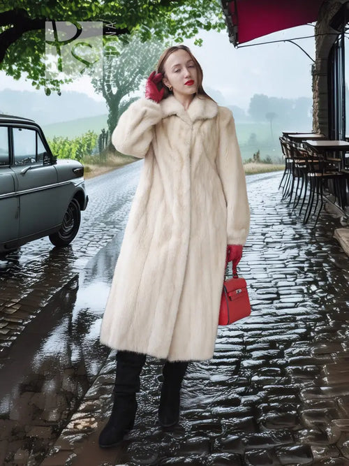 Vintage pearl mink fur coat, full-length cream fur with wide, padded collar