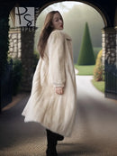 Light mink fur coat, long swing silhouette, full sleeves, open front