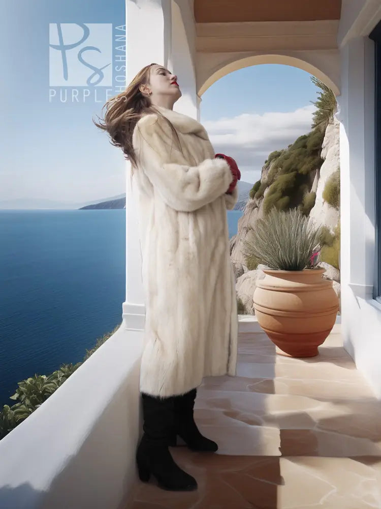 Cream mink fur coat with full length, plush texture and wide draped sleeves