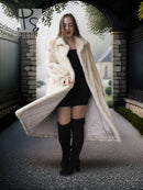 Light mink fur coat with open front and wide lapels, worn over a black outfit