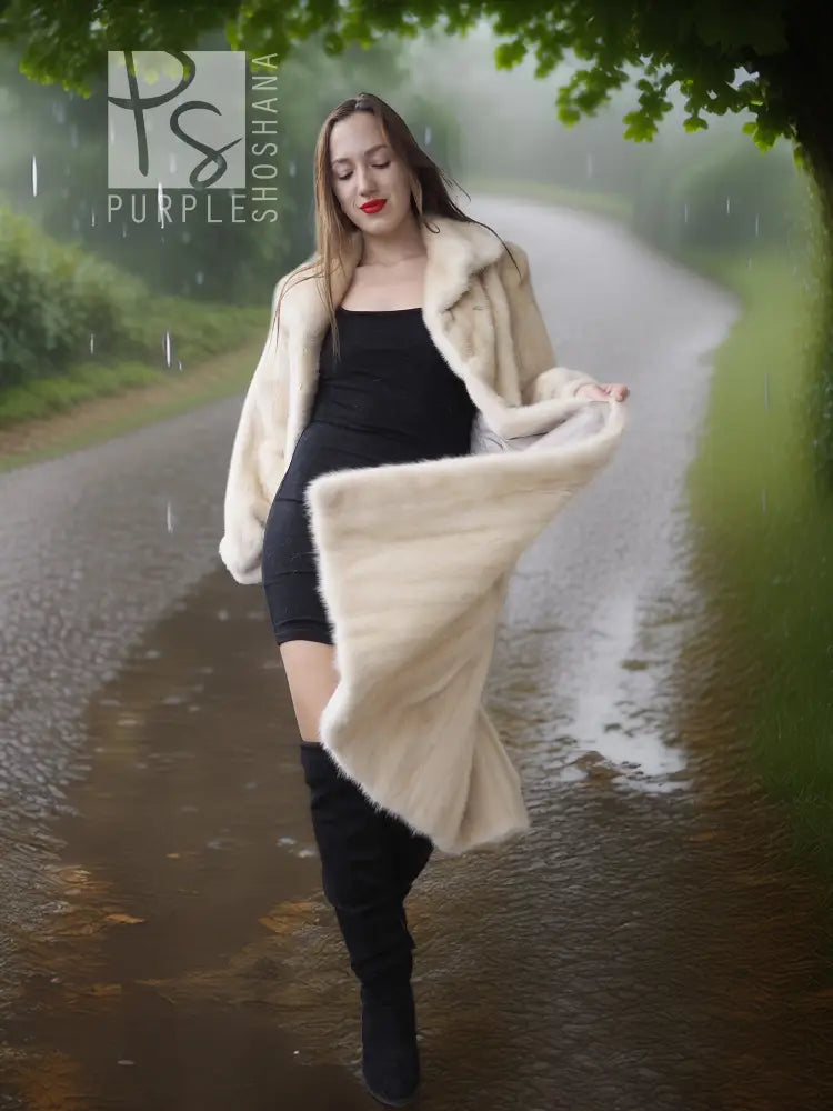 Vintage pearl mink fur coat, long cream fur with layered cuffs and soft drape