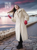 Ivory mink fur coat with long sleeves, mid-calf length, open front, soft cuffs