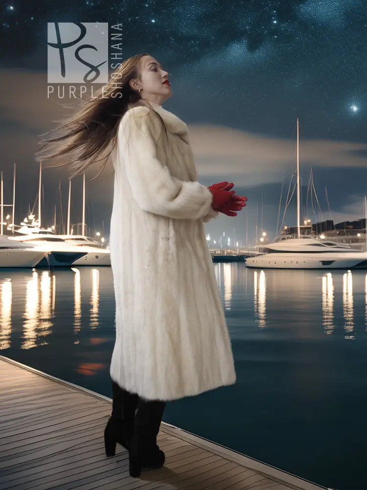 Vintage pearl mink fur coat, long cream design with wide collar and full sleeves