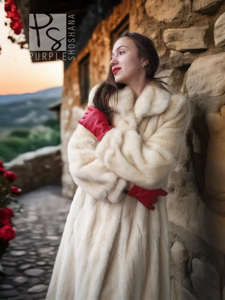 Vintage pearl mink fur coat, cream fur with wide collar and buttonless front