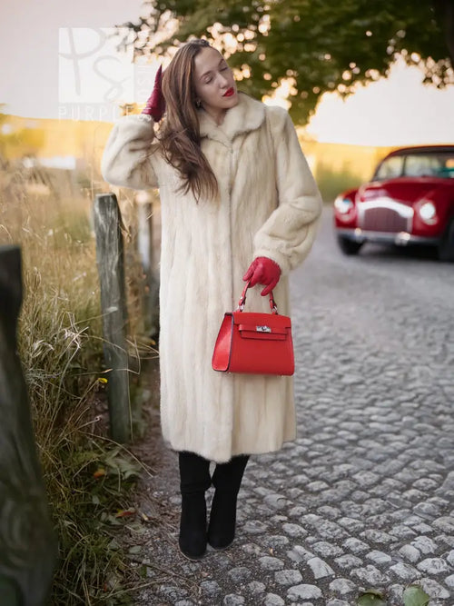 Vintage pearl mink fur coat, full-length cream fur with plush wide collar