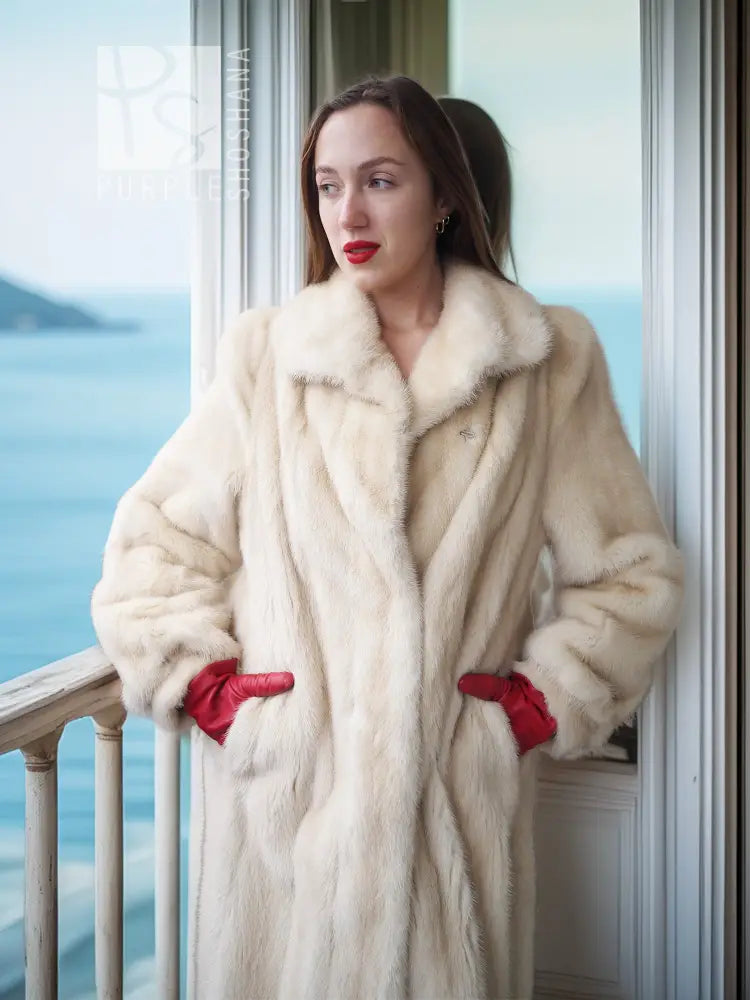 Cream mink fur coat front view, plush collar and long sleeves, relaxed fit