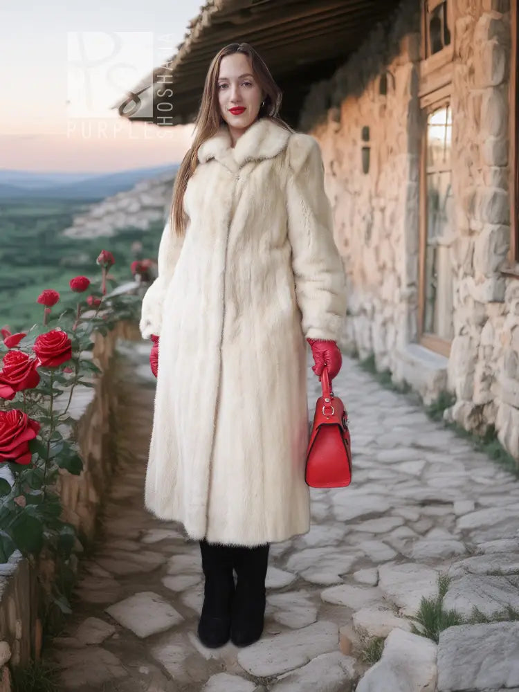 Vintage pearl mink fur coat, long cream fur with structured shoulders