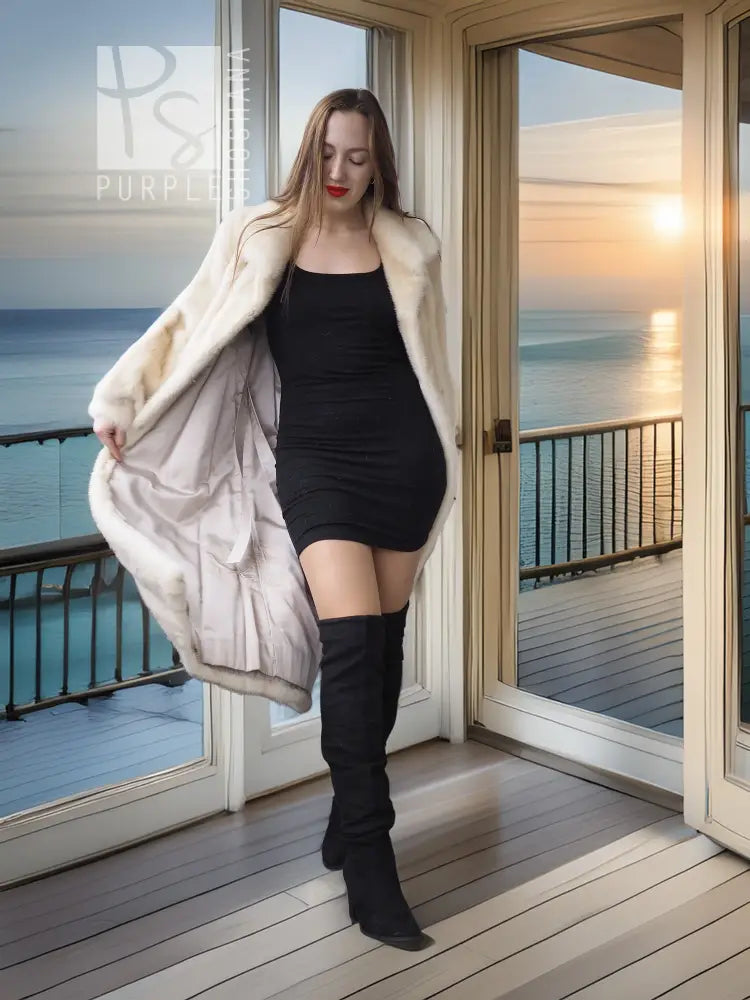 Cream vintage mink fur coat worn open, plush collar and long sleeves