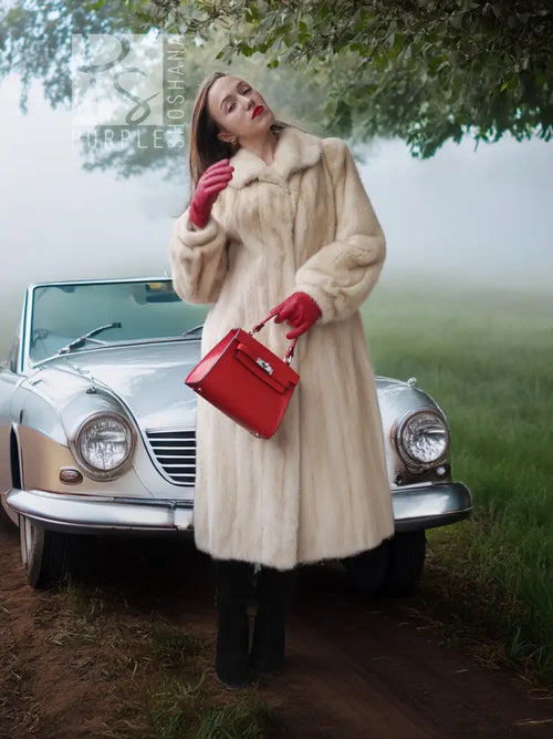 Cream mink fur coat, long sleeves, open front with plush collar