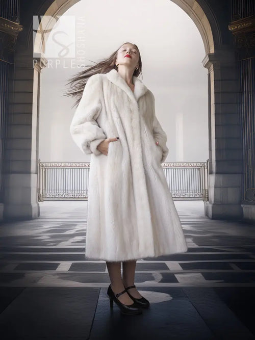 SAGA Pearl Mink Fur Coat, light ivory, full front view with open hooded collar