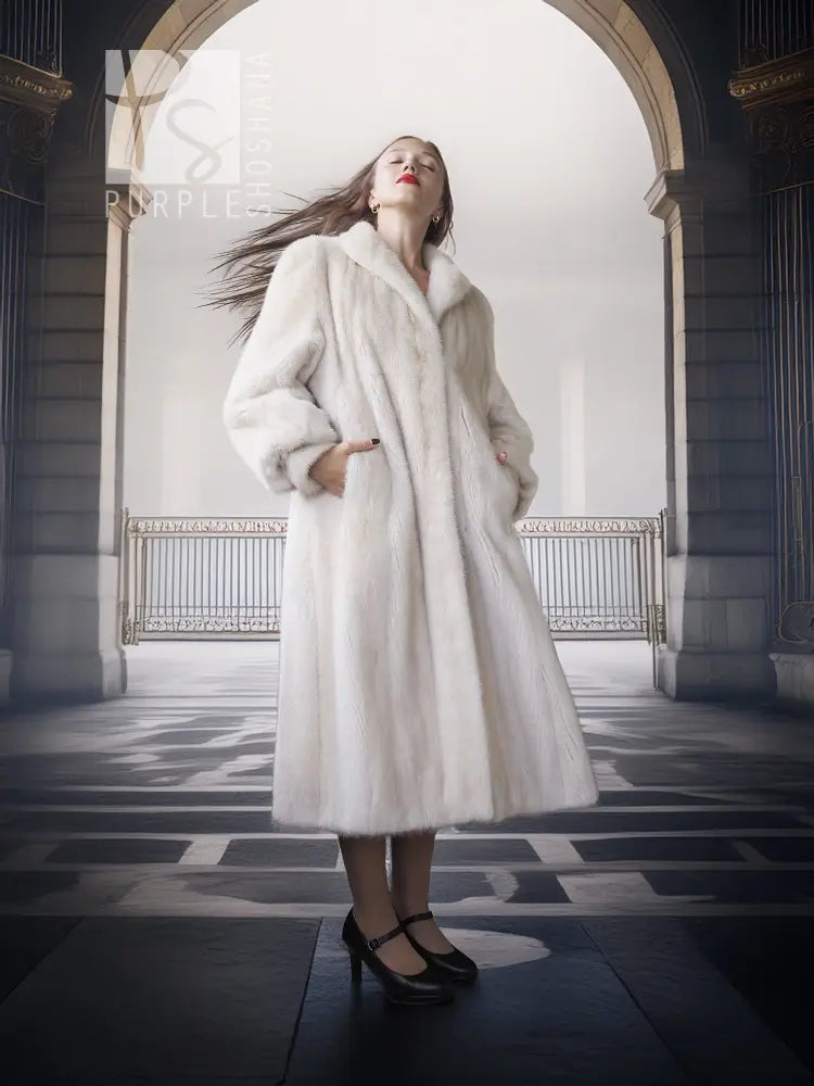SAGA Pearl Mink Fur Coat, light ivory, full front view with open hooded collar