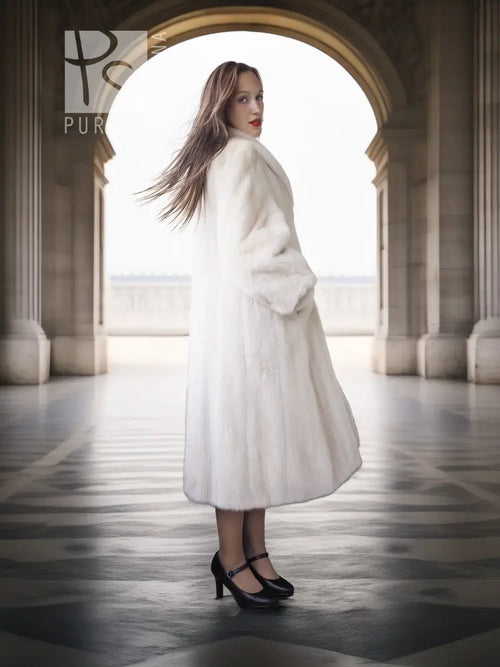 SAGA Pearl Mink Fur Coat, light ivory, side view with hooded collar and button placket