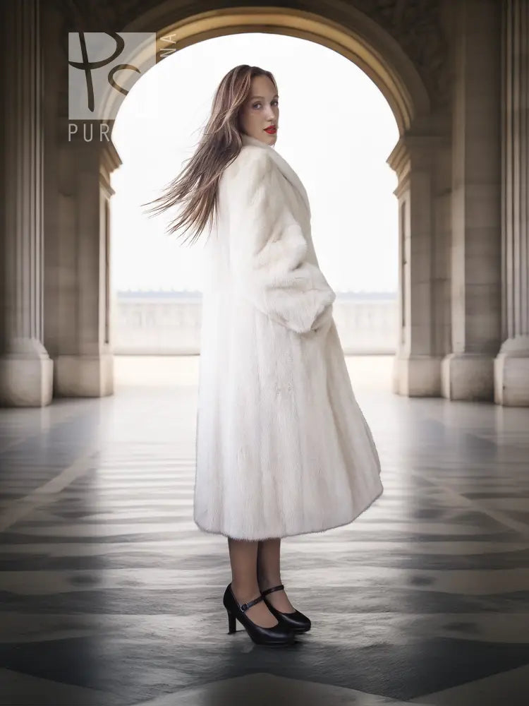 SAGA Pearl Mink Fur Coat, light ivory, side view with hooded collar and button placket