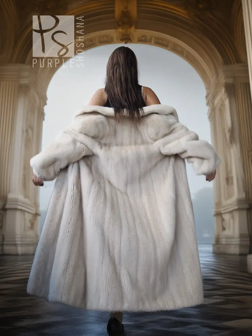SAGA Pearl Mink Fur Coat, light ivory, back with plush hood and roomy fit