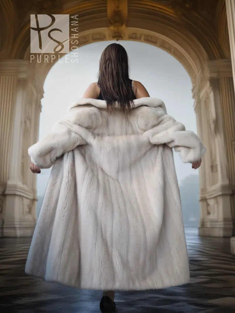 SAGA Pearl Mink Fur Coat, light ivory, back with plush hood and roomy fit