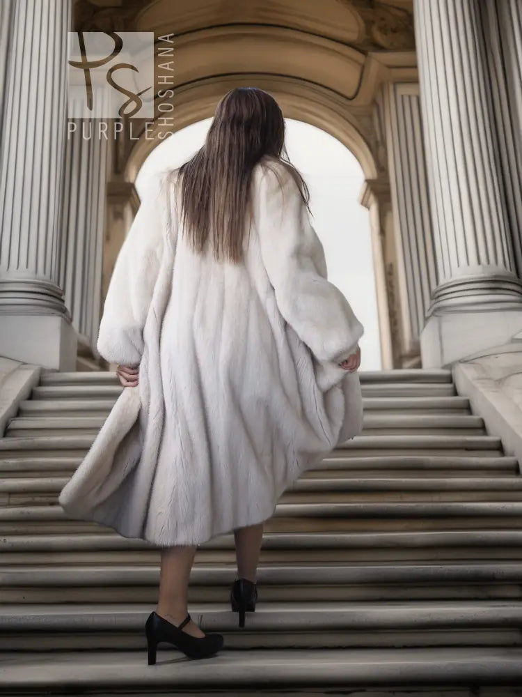 SAGA Pearl Mink Fur Coat, light ivory, back view with wide hood and long sleeves
