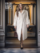 White fur coat with wide collar, long sleeves, knee-length, full-body front view