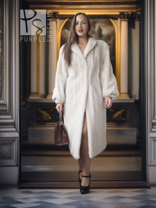 White fur coat with wide collar, long sleeves, knee-length, full-body front view