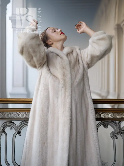 SAGA Pearl Mink Fur Coat, light ivory, hooded neckline with full-length sleeves