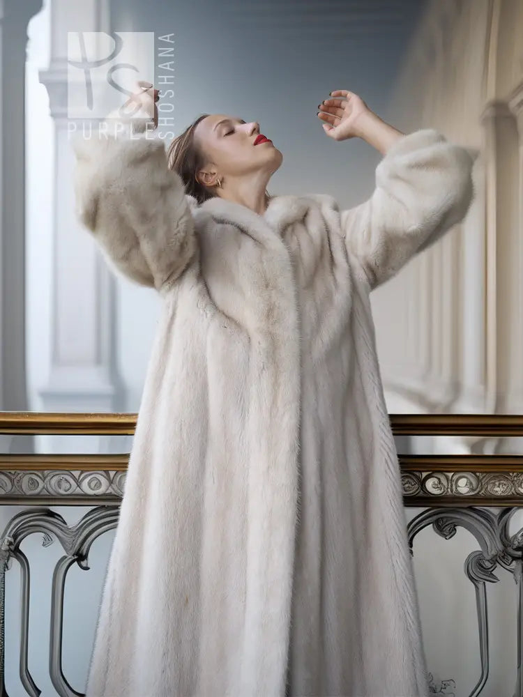 SAGA Pearl Mink Fur Coat, light ivory, hooded neckline with full-length sleeves
