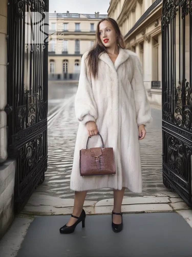 White fur coat with wide collar and long sleeves, knee-length, front view holding a handbag