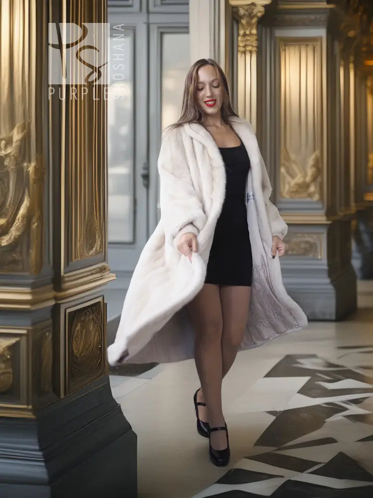 White fur coat with wide collar, open front, long sleeves, knee-length, walking side view