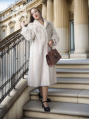 White fur coat with wide collar and long sleeves, knee-length, front open