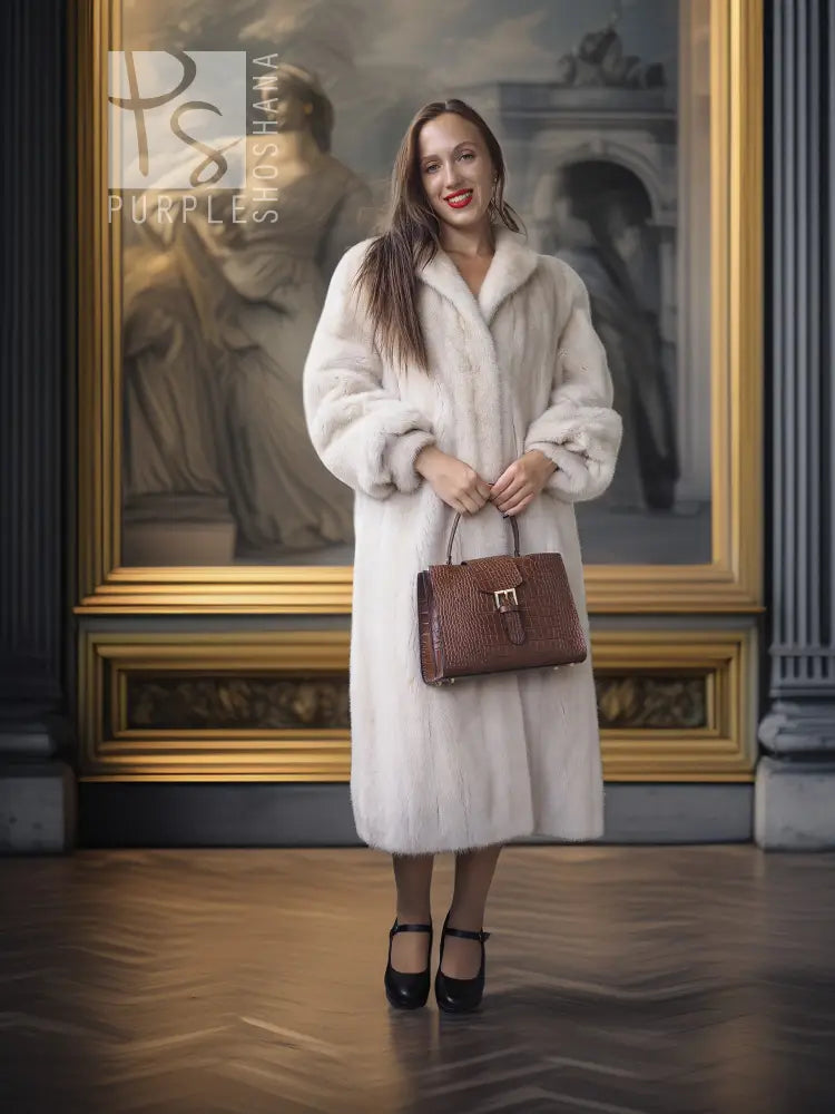 White fur coat with wide collar and long sleeves, knee-length, front view holding a handbag