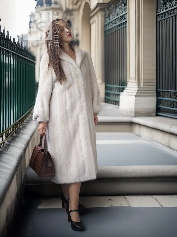 Long pale mink fur coat with soft texture, open front