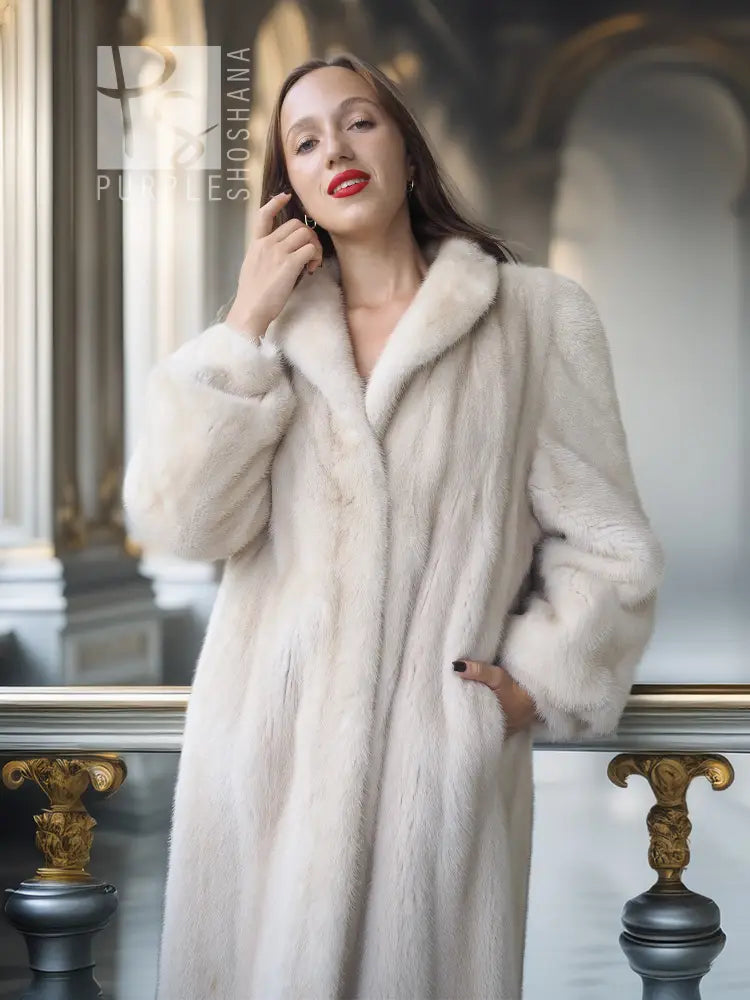 SAGA Pearl Mink Fur Coat, light ivory, close view of hooded collar and plush cuffs