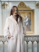 White fur coat with wide collar and long sleeves, front view, knee-length