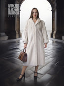 SAGA Pearl Mink Fur Coat, light ivory, mid-length with hooded collar and button front