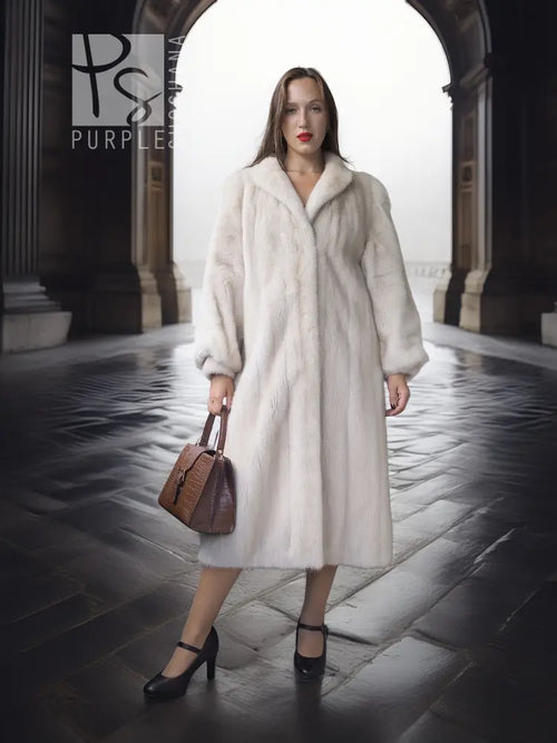 SAGA Pearl Mink Fur Coat, light ivory, mid-length with hooded collar and button front
