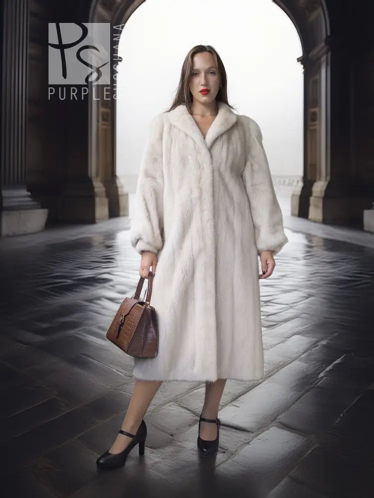SAGA Pearl Mink Fur Coat, light ivory, mid-length with hooded collar and button front