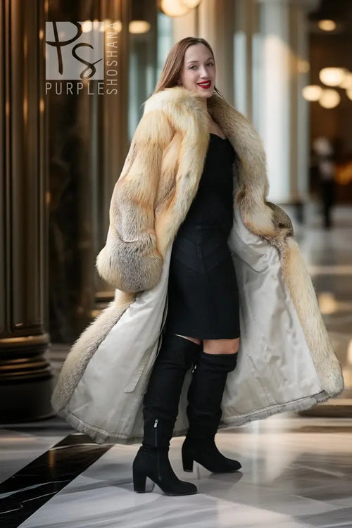 Golden island fox fur coat with wide lapels and long flowing hem; gray cuff trim