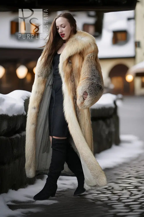 Full fox fur coat with shaggy striped sleeves and soft, voluminous drape