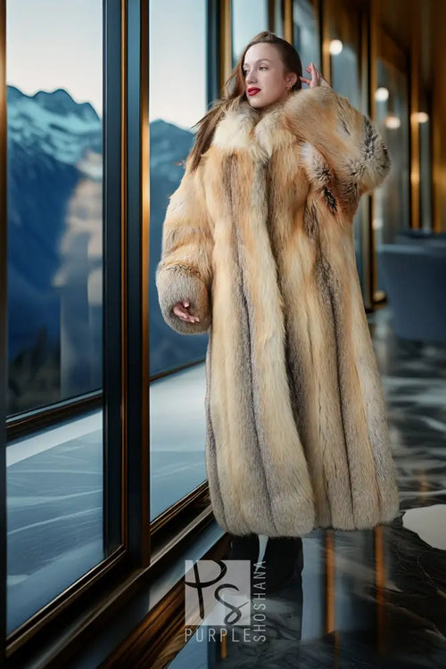 Golden island fox fur coat, straight full-length cut with gray cuff accents