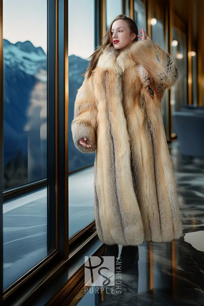Golden island fox fur coat, straight full-length cut with gray cuff accents