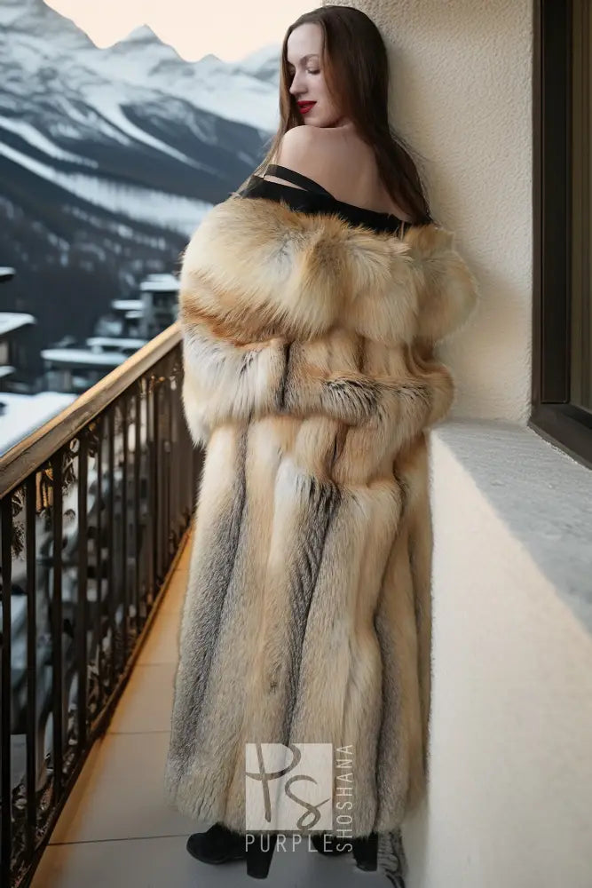 Long fox fur coat with off-shoulder style look, tiered striped texture