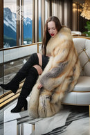 Golden Island fox fur coat, full-length, cream and gray striped panels