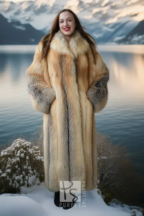 Purple Shoshana Furs: langer Islandfuchs-Fellmantel mit weitem Kragen und voluminösen Taschenärmeln