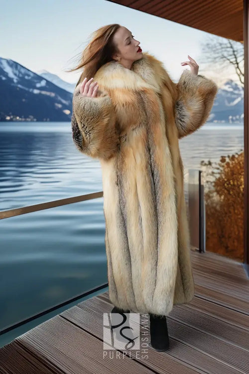 Golden island fox fur coat with large collar and textured gray cuff details