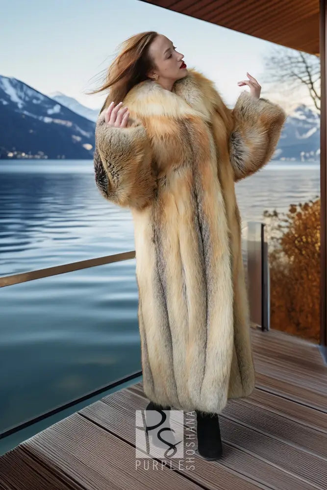 Golden island fox fur coat with large collar and textured gray cuff details