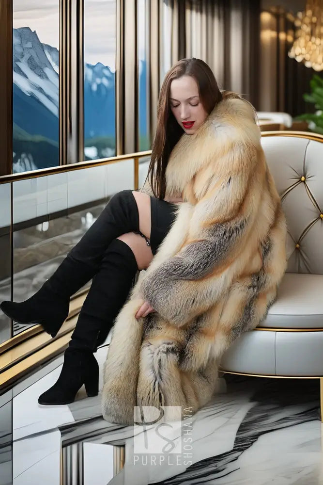 Golden Island fox fur coat, full-length, cream and gray striped panels