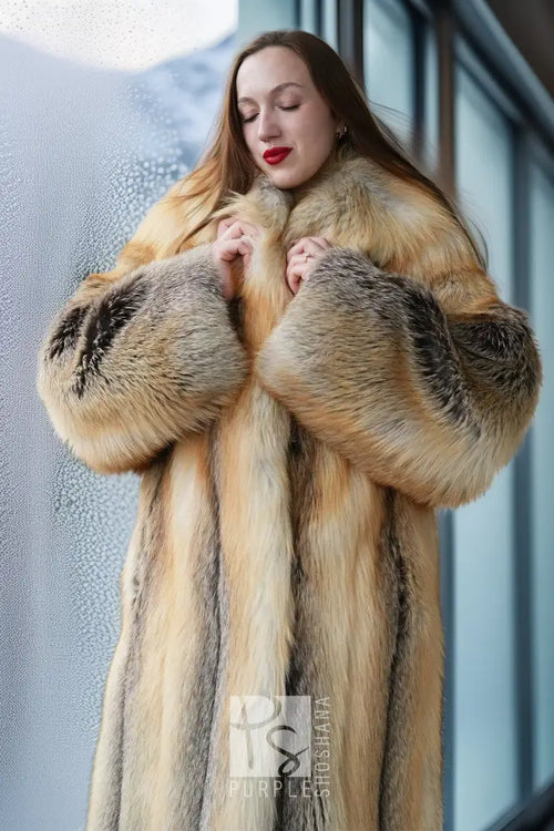 Purple Shoshana Furs fox fur coat, open front with wide plush collar and cuffs